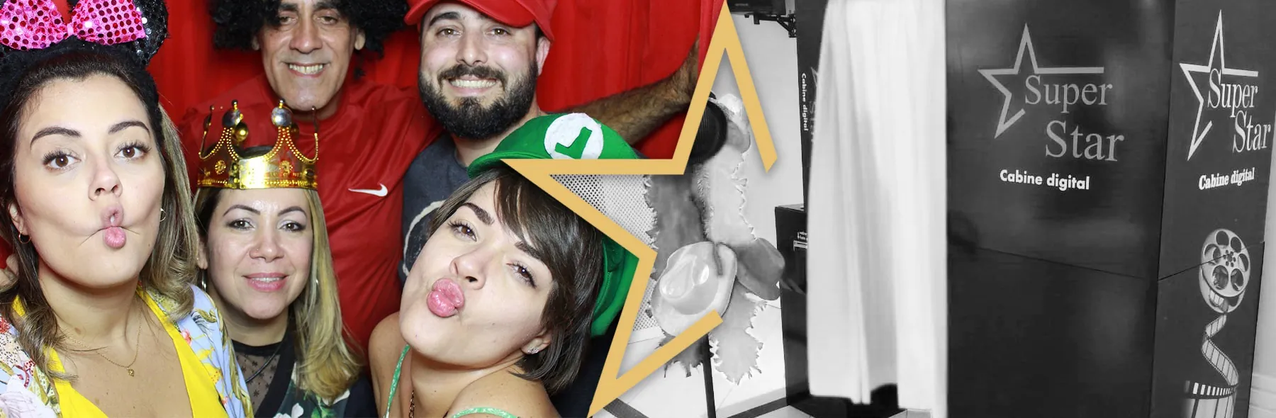 Convidados se divertindo na cabine de fotos Super Star